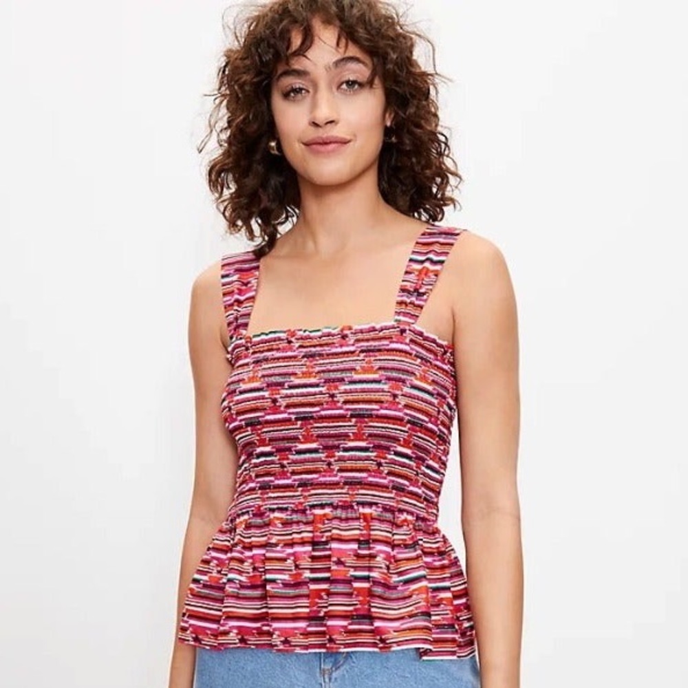 LOFT Ikat Strap Smocked Peplum Cami Square Neck Sz. M - NWT
